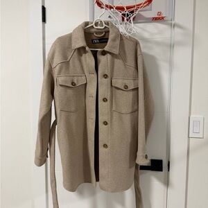 Zara Light Brown Button-Up Shacket Jacket